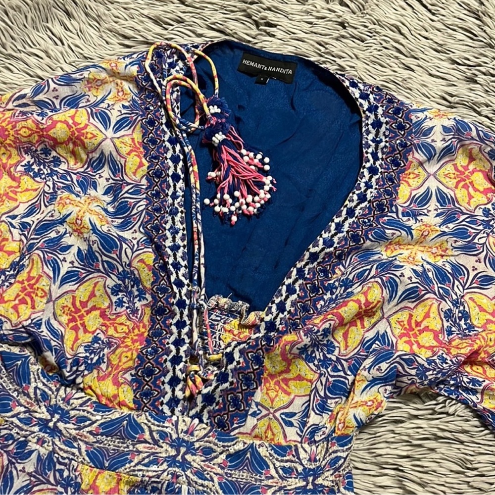 HEMANT & NANDITA Vibrant Floral Maxi Dress - Blue and Orange - Picture 3 of 3